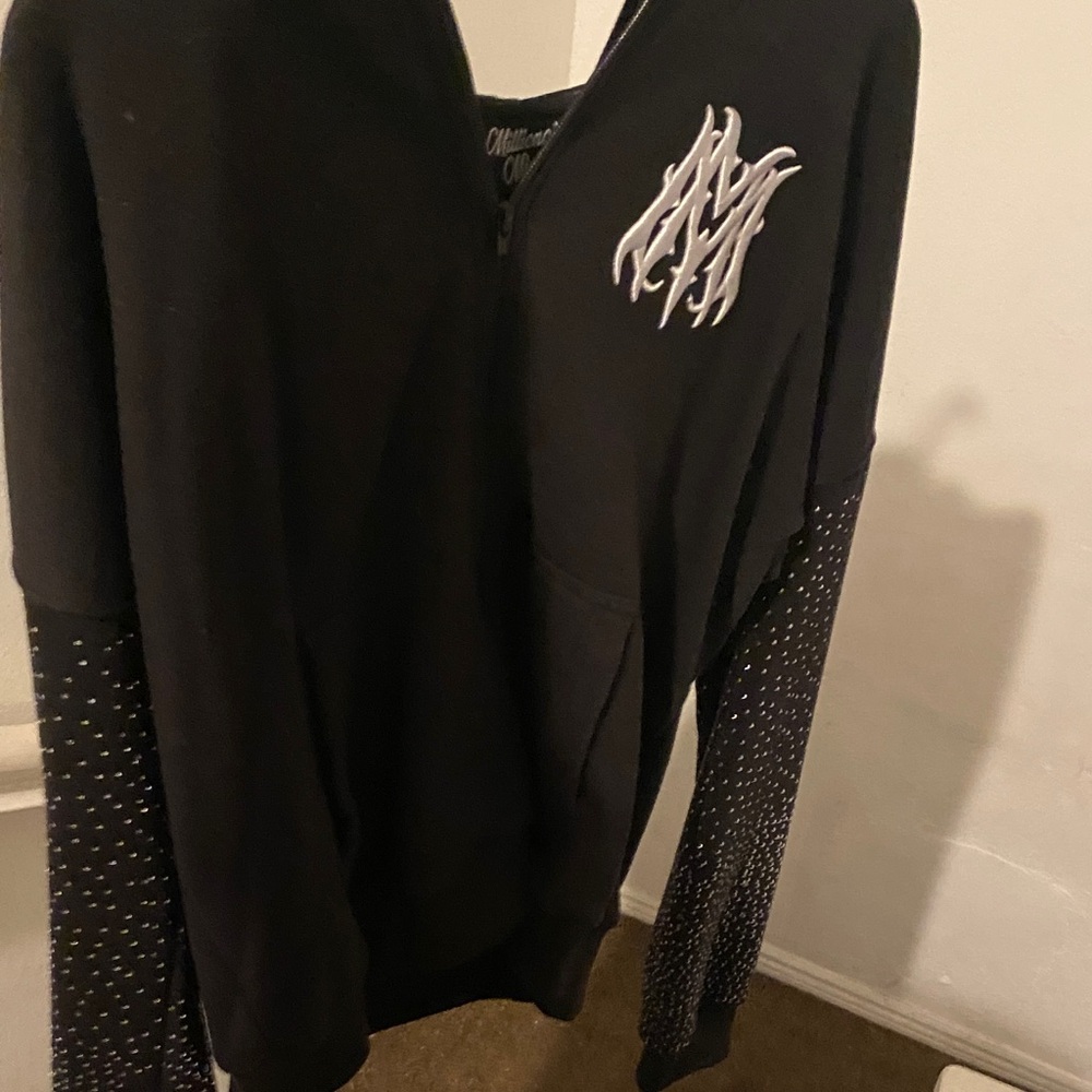 Men's Black Zip-Up Sweater Hoodie with Embroidered Chest Detail